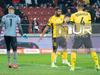 GKS Katowice players Dawid Kudla, Lukas Klemenz, and Arkadiusz Jedrych participate in the game between KS Cracovia and GKS Katowice in Krako...