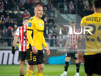 Oskar Repka participates in the game between KS Cracovia and GKS Katowice in Krakow, Poland, on November 9, 2024. This is a PKO BP Ekstrakla...