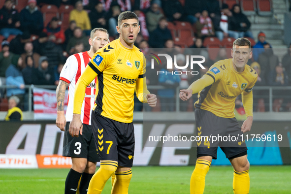 Sebastian Bergier and Arkadiusz Jedrych participate in the game between KS Cracovia and GKS Katowice in Krakow, Poland, on November 9, 2024....