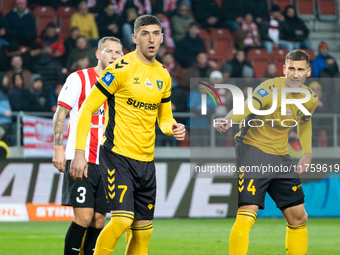 Sebastian Bergier and Arkadiusz Jedrych participate in the game between KS Cracovia and GKS Katowice in Krakow, Poland, on November 9, 2024....