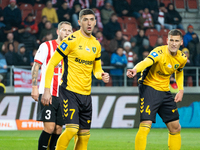 Sebastian Bergier and Arkadiusz Jedrych participate in the game between KS Cracovia and GKS Katowice in Krakow, Poland, on November 9, 2024....