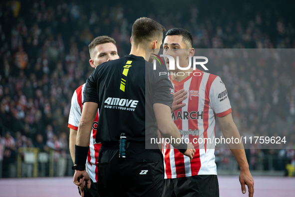 Patryk Sokolowski argues with referee Damian Sylwestrzak during the game between KS Cracovia and GKS Katowice in Krakow, Poland, on November...