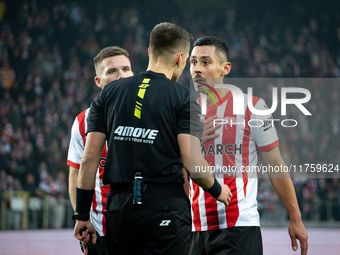 Patryk Sokolowski argues with referee Damian Sylwestrzak during the game between KS Cracovia and GKS Katowice in Krakow, Poland, on November...