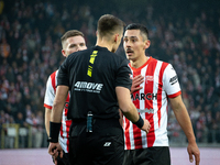 Patryk Sokolowski argues with referee Damian Sylwestrzak during the game between KS Cracovia and GKS Katowice in Krakow, Poland, on November...