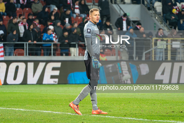 Goalkeeper Dawid Kudla participates in the game between KS Cracovia and GKS Katowice in Krakow, Poland, on November 9, 2024. This is a PKO B...