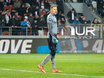 Goalkeeper Dawid Kudla participates in the game between KS Cracovia and GKS Katowice in Krakow, Poland, on November 9, 2024. This is a PKO B...