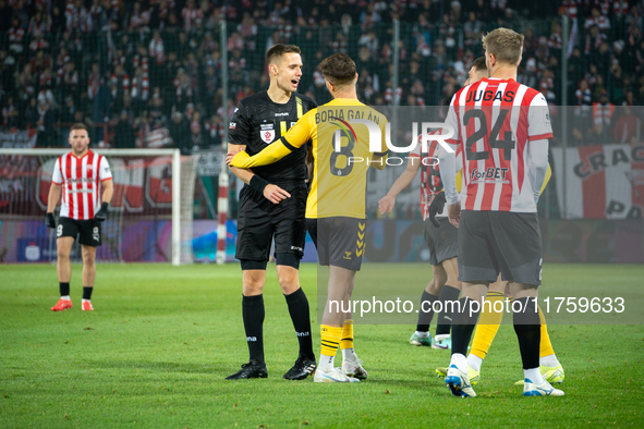 Borja Galan argues with referee Damian Sylwestrzak during the game between KS Cracovia and GKS Katowice in Krakow, Poland, on November 9, 20...