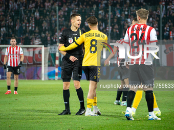 Borja Galan argues with referee Damian Sylwestrzak during the game between KS Cracovia and GKS Katowice in Krakow, Poland, on November 9, 20...