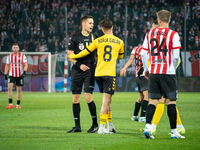 Borja Galan argues with referee Damian Sylwestrzak during the game between KS Cracovia and GKS Katowice in Krakow, Poland, on November 9, 20...