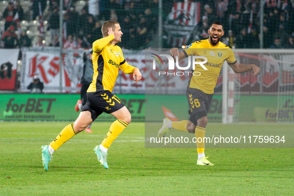 GKS Katowice players Adrian Blad and Lukas Klemenz celebrate scoring a goal during the game between KS Cracovia and GKS Katowice in Krakow,...