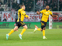 GKS Katowice players Adrian Blad and Lukas Klemenz celebrate scoring a goal during the game between KS Cracovia and GKS Katowice in Krakow,...