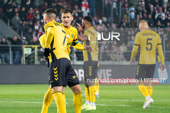 GKS Katowice players participate in the game between KS Cracovia and GKS Katowice in Krakow, Poland, on November 9, 2024. This is a PKO BP E...