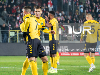 GKS Katowice players participate in the game between KS Cracovia and GKS Katowice in Krakow, Poland, on November 9, 2024. This is a PKO BP E...