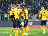 GKS Katowice players participate in the game between KS Cracovia and GKS Katowice in Krakow, Poland, on November 9, 2024. This is a PKO BP E...