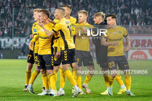 GKS Katowice players celebrate scoring a goal during the game between KS Cracovia and GKS Katowice in Krakow, Poland, on November 9, 2024. T...