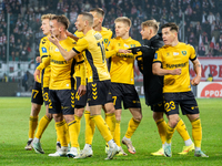 GKS Katowice players celebrate scoring a goal during the game between KS Cracovia and GKS Katowice in Krakow, Poland, on November 9, 2024. T...