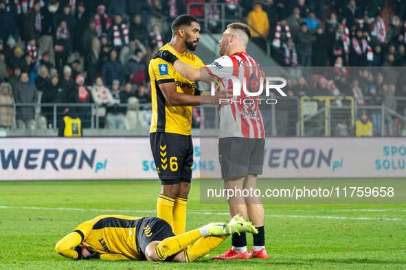 Lukas Klemenz and Benjamin Kallman participate in the game between KS Cracovia and GKS Katowice in Krakow, Poland, on November 9, 2024. This...