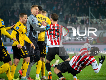 Players are involved in a scuffle during the game between KS Cracovia and GKS Katowice in Krakow, Poland, on November 9, 2024, at a PKO BP E...