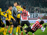 Players are involved in a scuffle during the game between KS Cracovia and GKS Katowice in Krakow, Poland, on November 9, 2024, at a PKO BP E...