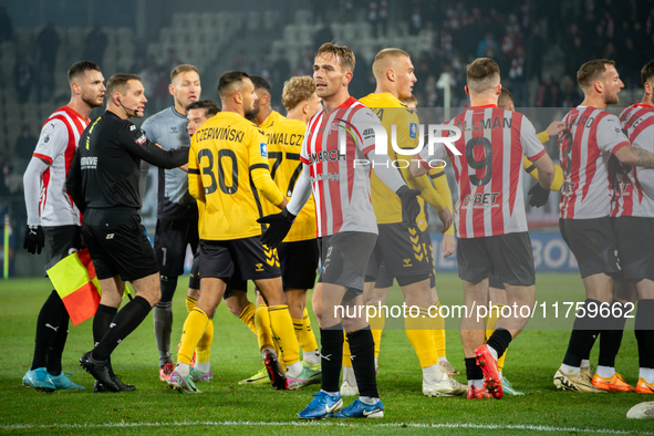 Players are involved in a scuffle during the game between KS Cracovia and GKS Katowice in Krakow, Poland, on November 9, 2024, at a PKO BP E...