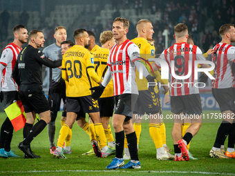 Players are involved in a scuffle during the game between KS Cracovia and GKS Katowice in Krakow, Poland, on November 9, 2024, at a PKO BP E...