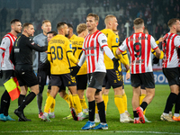 Players are involved in a scuffle during the game between KS Cracovia and GKS Katowice in Krakow, Poland, on November 9, 2024, at a PKO BP E...