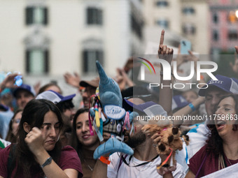 A parade of Erasmus students takes place in the center of Rome, Italy, on November 9, 2024, to highlight multiculturalism and international...