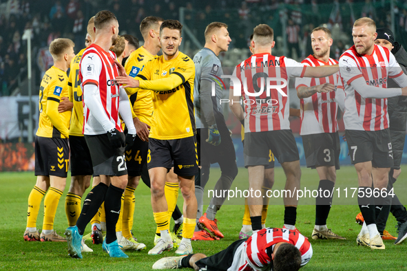 Players are involved in a scuffle during the game between KS Cracovia and GKS Katowice in Krakow, Poland, on November 9, 2024, at a PKO BP E...