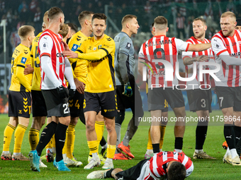 Players are involved in a scuffle during the game between KS Cracovia and GKS Katowice in Krakow, Poland, on November 9, 2024, at a PKO BP E...