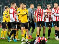 Players are involved in a scuffle during the game between KS Cracovia and GKS Katowice in Krakow, Poland, on November 9, 2024, at a PKO BP E...