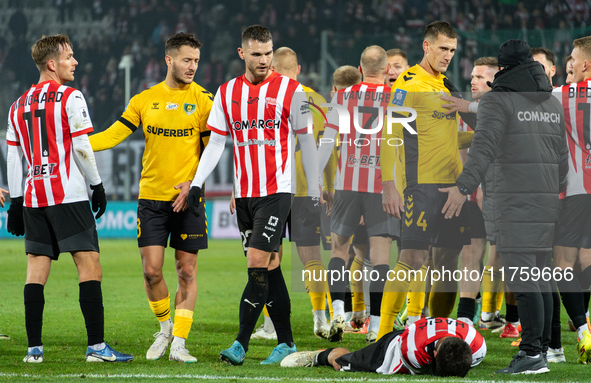 Players are involved in a scuffle during the game between KS Cracovia and GKS Katowice in Krakow, Poland, on November 9, 2024, at a PKO BP E...