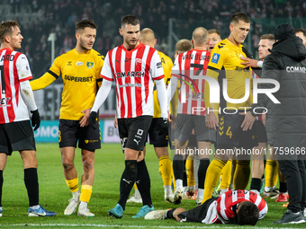 Players are involved in a scuffle during the game between KS Cracovia and GKS Katowice in Krakow, Poland, on November 9, 2024, at a PKO BP E...