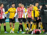 Players are involved in a scuffle during the game between KS Cracovia and GKS Katowice in Krakow, Poland, on November 9, 2024, at a PKO BP E...