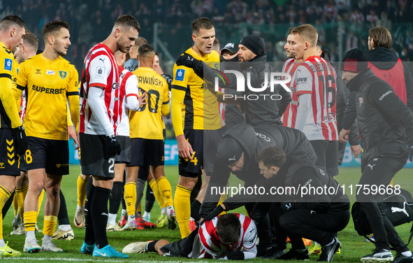 Players are involved in a scuffle during the game between KS Cracovia and GKS Katowice in Krakow, Poland, on November 9, 2024, at a PKO BP E...