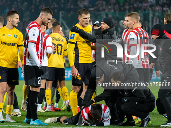 Players are involved in a scuffle during the game between KS Cracovia and GKS Katowice in Krakow, Poland, on November 9, 2024, at a PKO BP E...