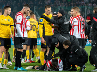 Players are involved in a scuffle during the game between KS Cracovia and GKS Katowice in Krakow, Poland, on November 9, 2024, at a PKO BP E...