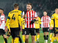 Benjamin Kallman and Arkadiusz Jedrych argue during the game between KS Cracovia and GKS Katowice in Krakow, Poland, on November 9, 2024. Th...