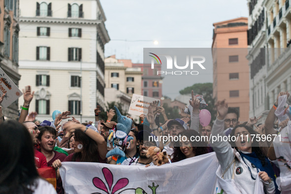 A parade of Erasmus students takes place in the center of Rome, Italy, on November 9, 2024, to highlight multiculturalism and international...