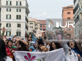 A parade of Erasmus students takes place in the center of Rome, Italy, on November 9, 2024, to highlight multiculturalism and international...