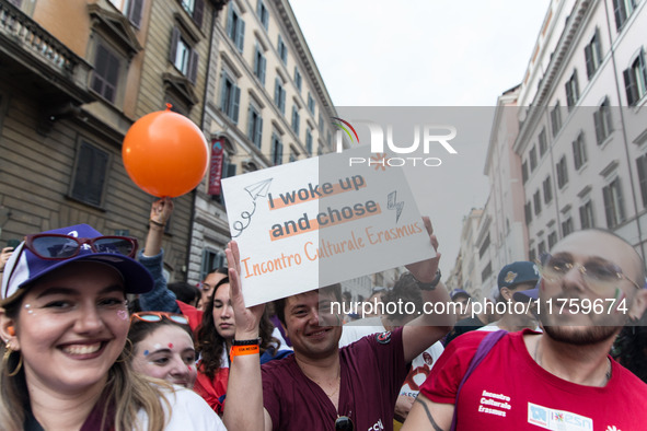 A parade of Erasmus students takes place in the center of Rome, Italy, on November 9, 2024, to highlight multiculturalism and international...