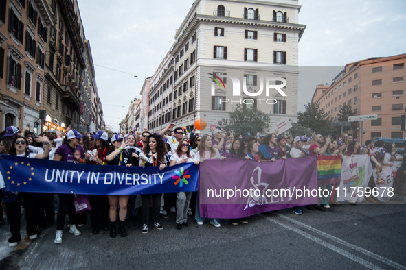 A parade of Erasmus students takes place in the center of Rome, Italy, on November 9, 2024, to highlight multiculturalism and international...