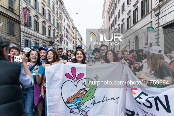 A parade of Erasmus students takes place in the center of Rome, Italy, on November 9, 2024, to highlight multiculturalism and international...