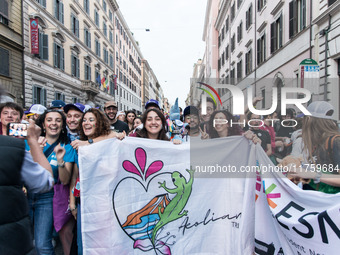 A parade of Erasmus students takes place in the center of Rome, Italy, on November 9, 2024, to highlight multiculturalism and international...