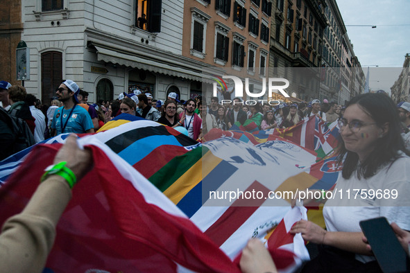 A parade of Erasmus students takes place in the center of Rome, Italy, on November 9, 2024, to highlight multiculturalism and international...