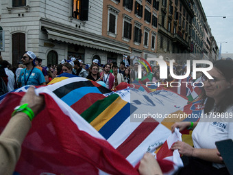 A parade of Erasmus students takes place in the center of Rome, Italy, on November 9, 2024, to highlight multiculturalism and international...