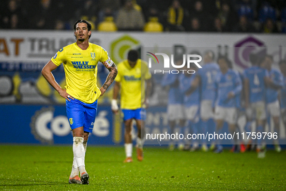 RKC forward Oskar Zawada feels disappointed after NEC scores a goal during the match between RKC and NEC at the Mandemakers Stadium in Waalw...