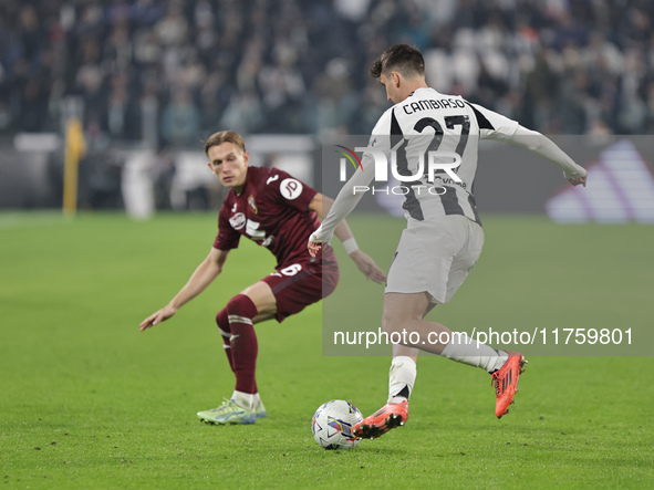 Andrea Cambiaso participates in the Serie A 2024-2025 match between Juventus and Torino in Turin, Italy, on November 9, 2024. 