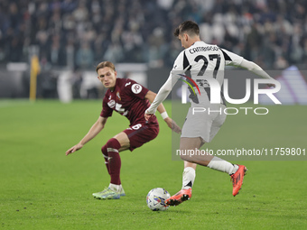 Andrea Cambiaso participates in the Serie A 2024-2025 match between Juventus and Torino in Turin, Italy, on November 9, 2024. (