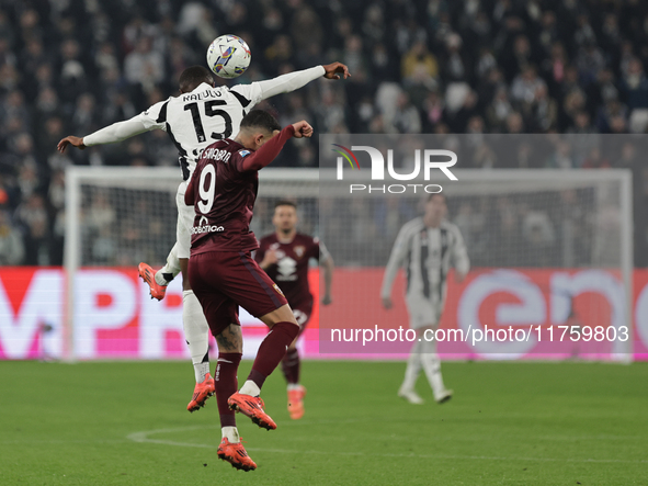 Pierre Kalulu during the Serie A 2024-2025 match between Juventus and Torino in Turin, Italy, on November 9, 2024 