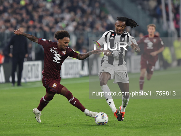 Valentino Lazaro participates in the Serie A 2024-2025 match between Juventus and Torino in Turin, Italy, on November 9, 2024. 